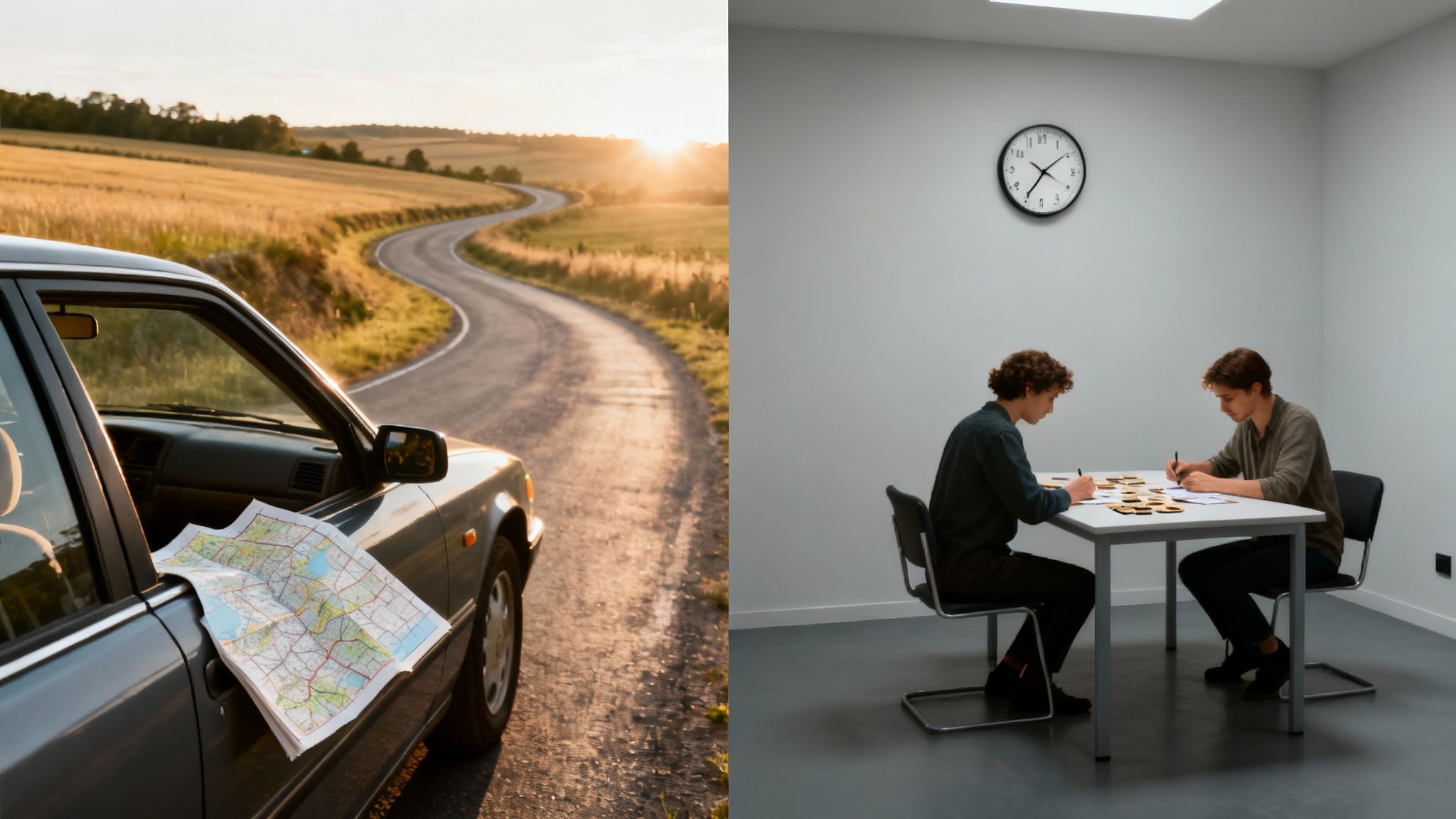 Een groep vrienden die lachend in de auto zitten tijdens een autopuzzeltocht