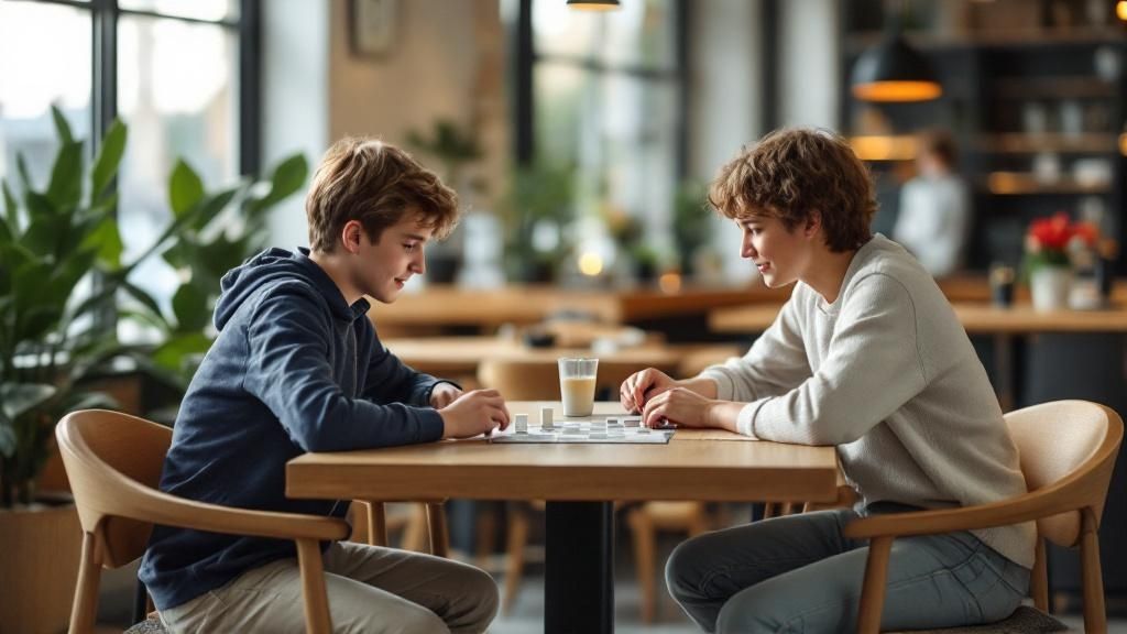 Tieners die een puzzeltocht doen in een stad