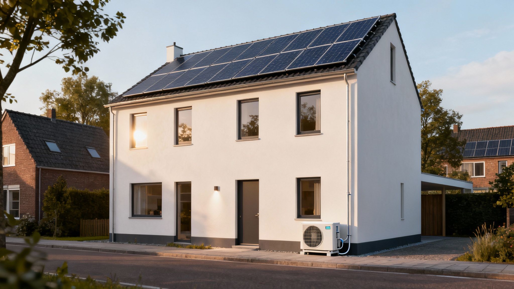 Zonnepanelen op een dak die de stroom opwekken voor een airco in huis.