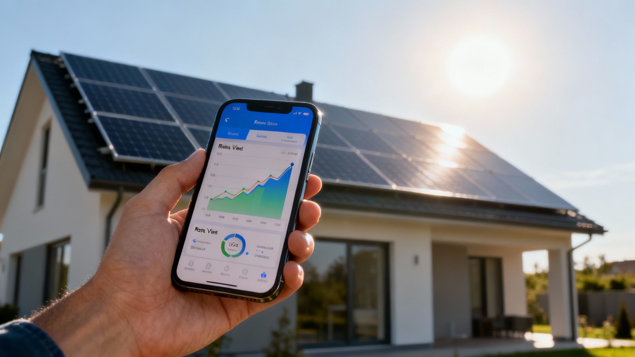 Zonnepaneleninstallatie die wordt gemonitord via een app op een smartphone