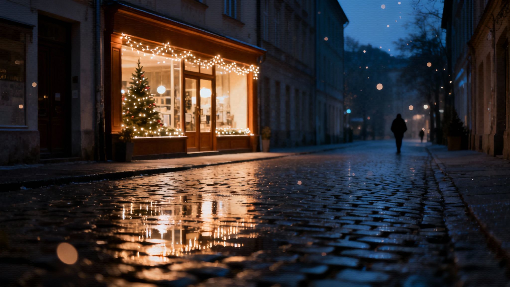 Een sfeervolle kerstscène op een natte, geplaveide straat met een verlichte winkel en een kerstboom.