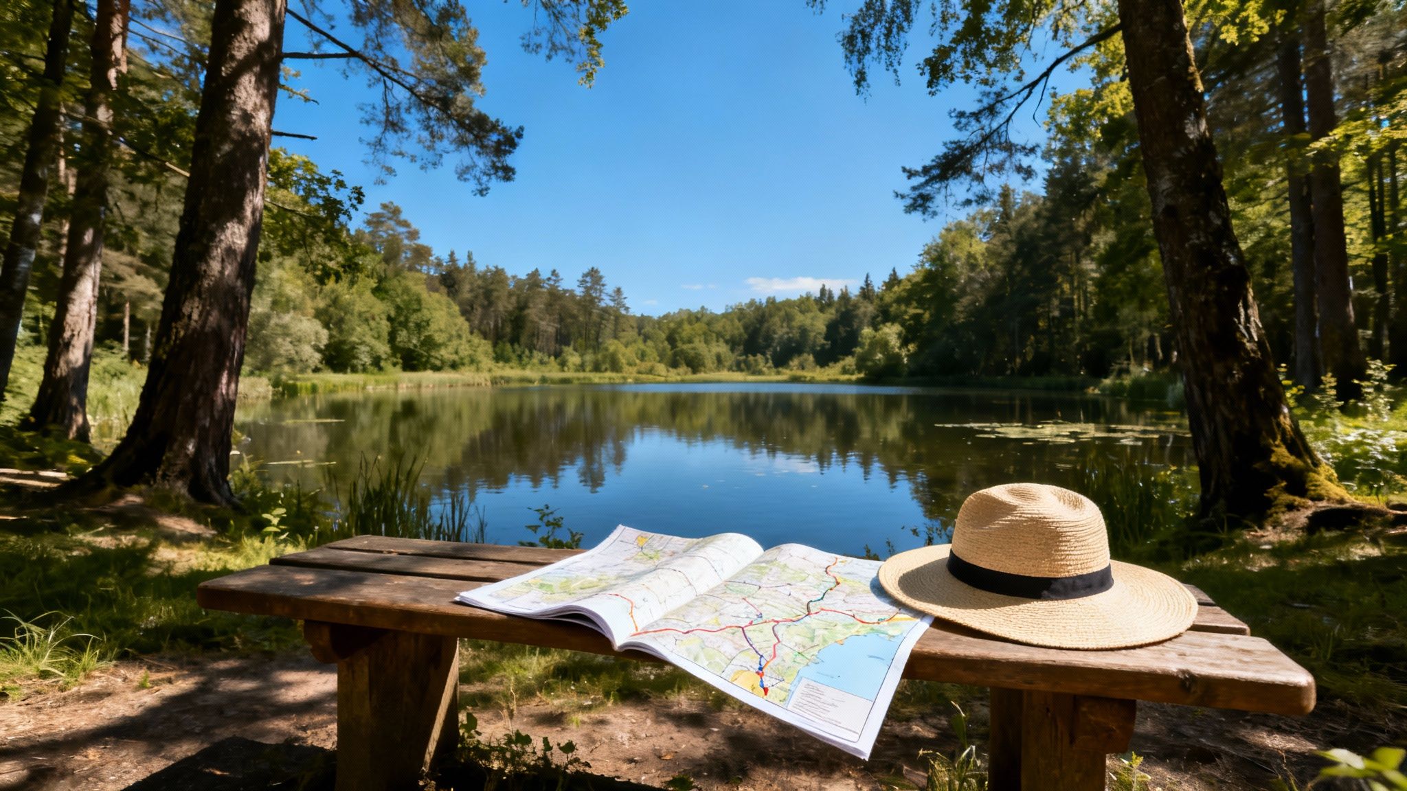 Een vredig meer in een bos met een open kaart en een strooien hoed op een houten bankje.