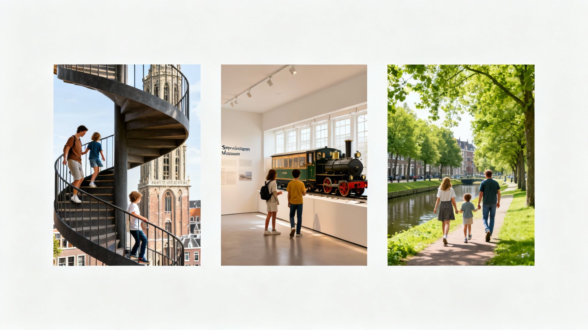 Een gezin dat samen lacht en een puzzel oplost bij de Oudegracht in Utrecht.