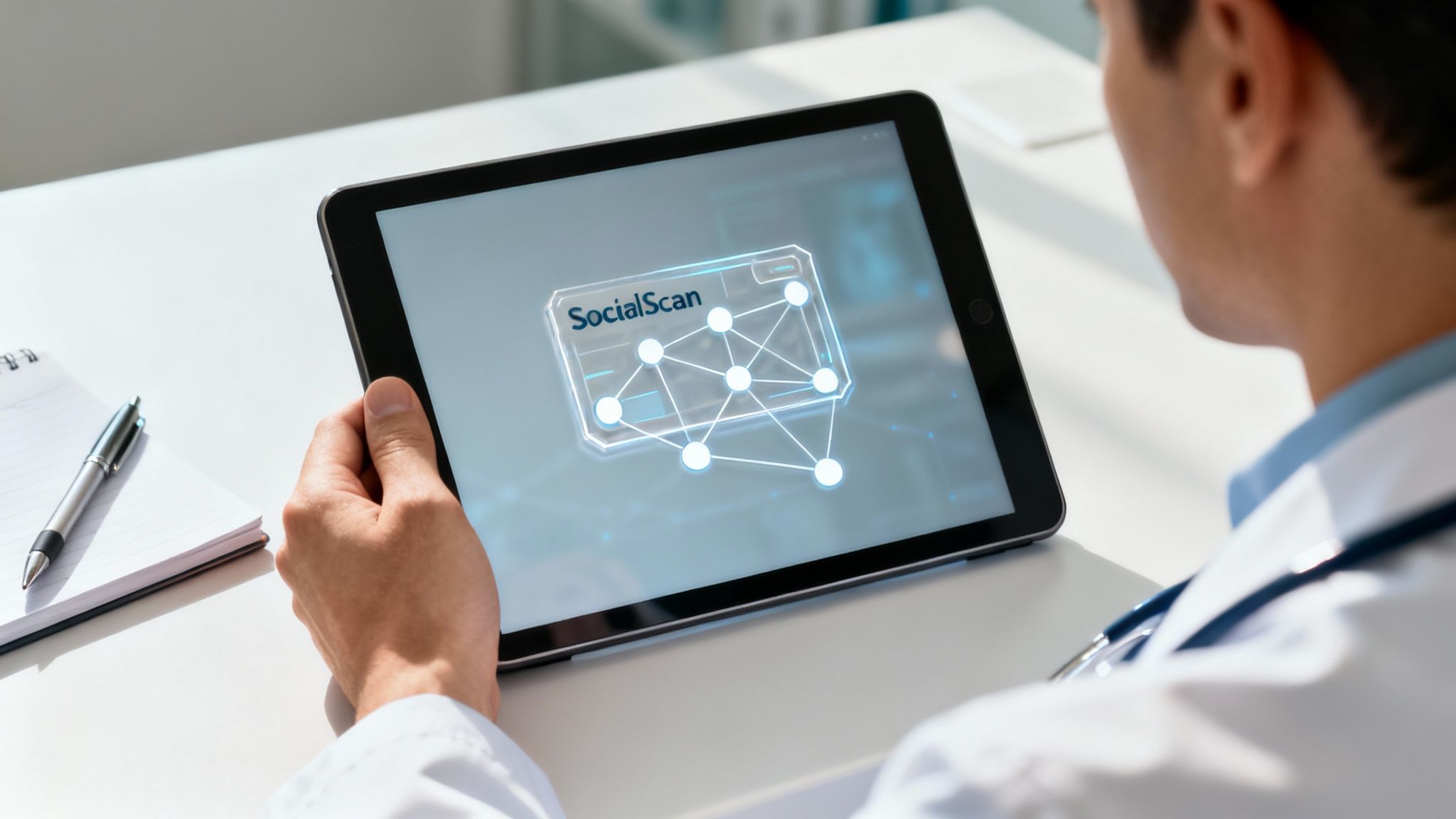 Een arts in een witte jas houdt een tablet vast met een 'SocialScan' netwerkweergave op het scherm.