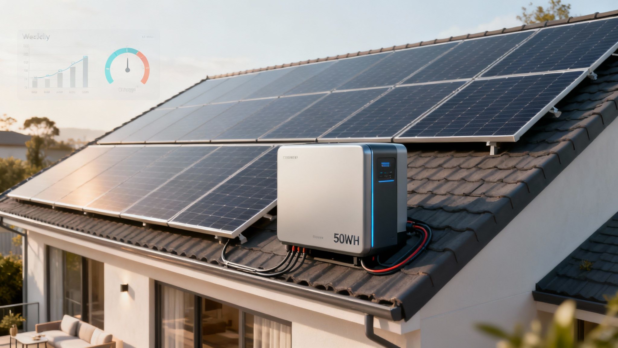 Een grafische weergave van een 50 kWh thuisaccu naast een gemiddeld huishouden, om de schaal te illustreren.
