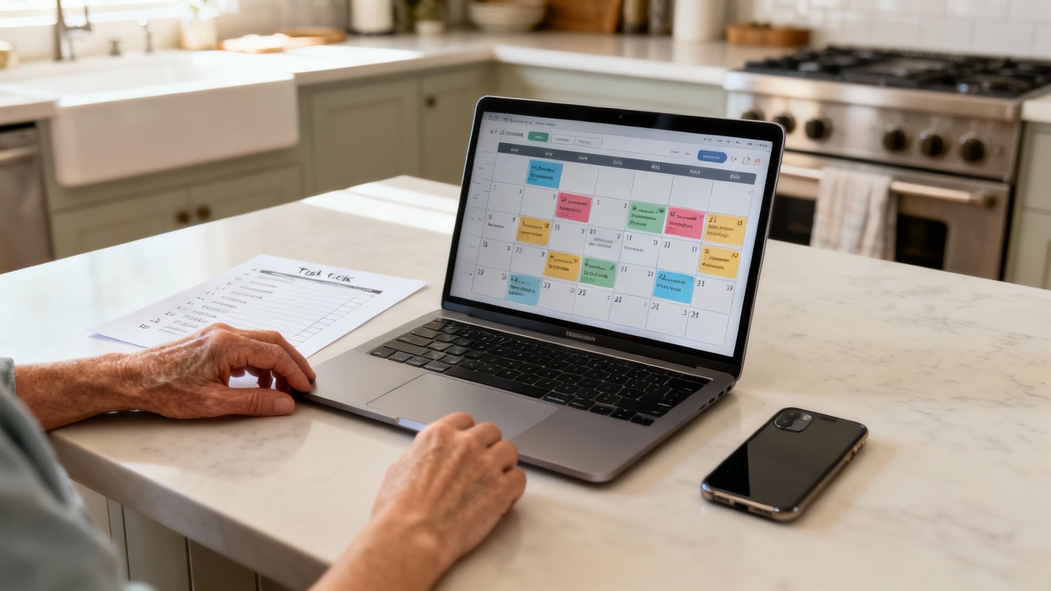 Een groep mensen van verschillende leeftijden werkt samen aan een tafel, wat symbool staat voor georganiseerde hulp.