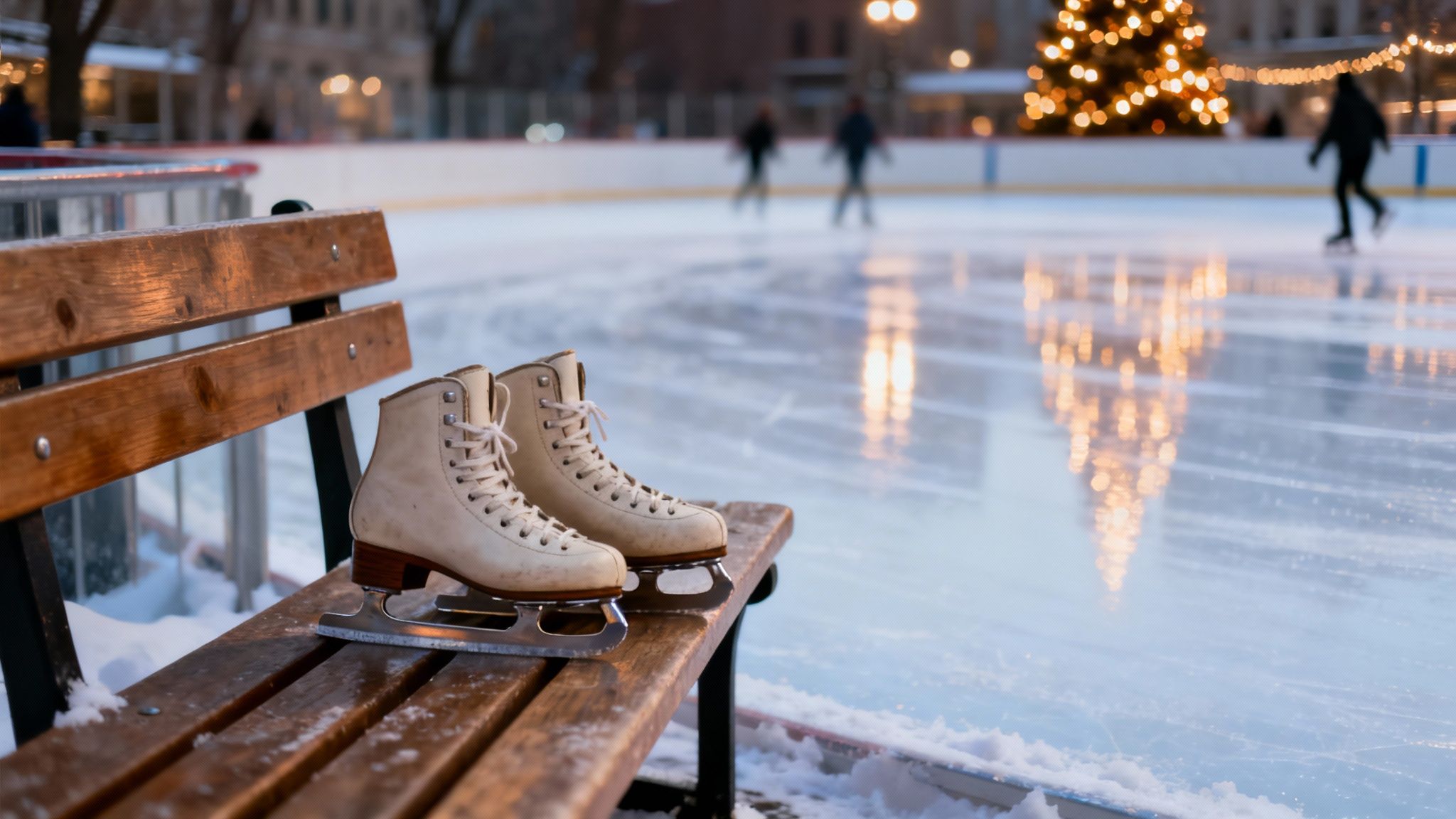 Witte ijsschaatsen op een houten bankje naast een verlichte ijsbaan met kerstboomreflecties en schaatsende mensen.