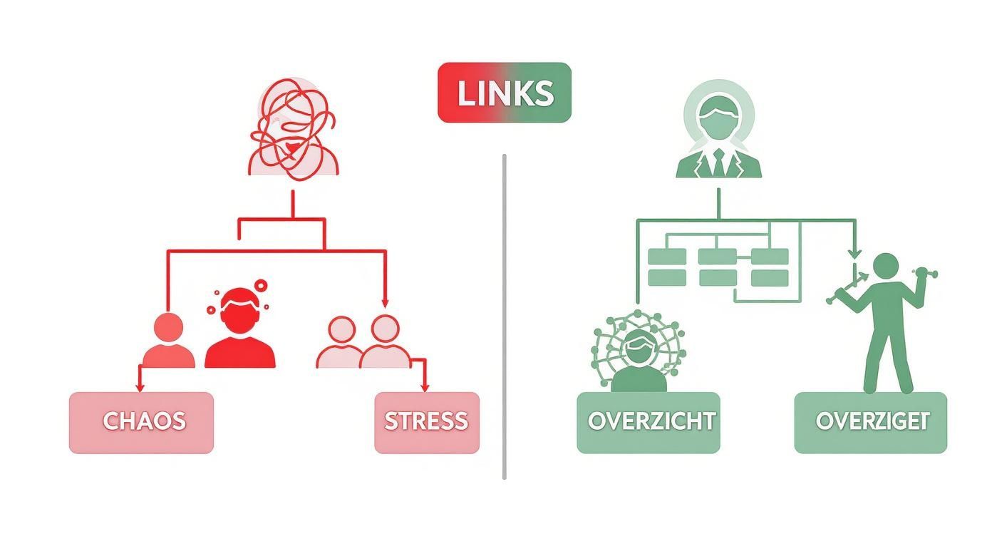 Infographic die de chaos van een ongeorganiseerd sociaal netwerk vergelijkt met de rust en regie die een georganiseerd overzicht biedt.