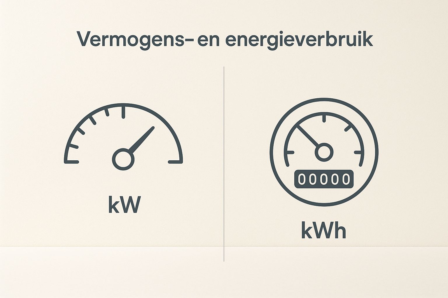 Infographic die het verschil tussen kW (snelheidsmeter) en kWh (kilometerteller) illustreert