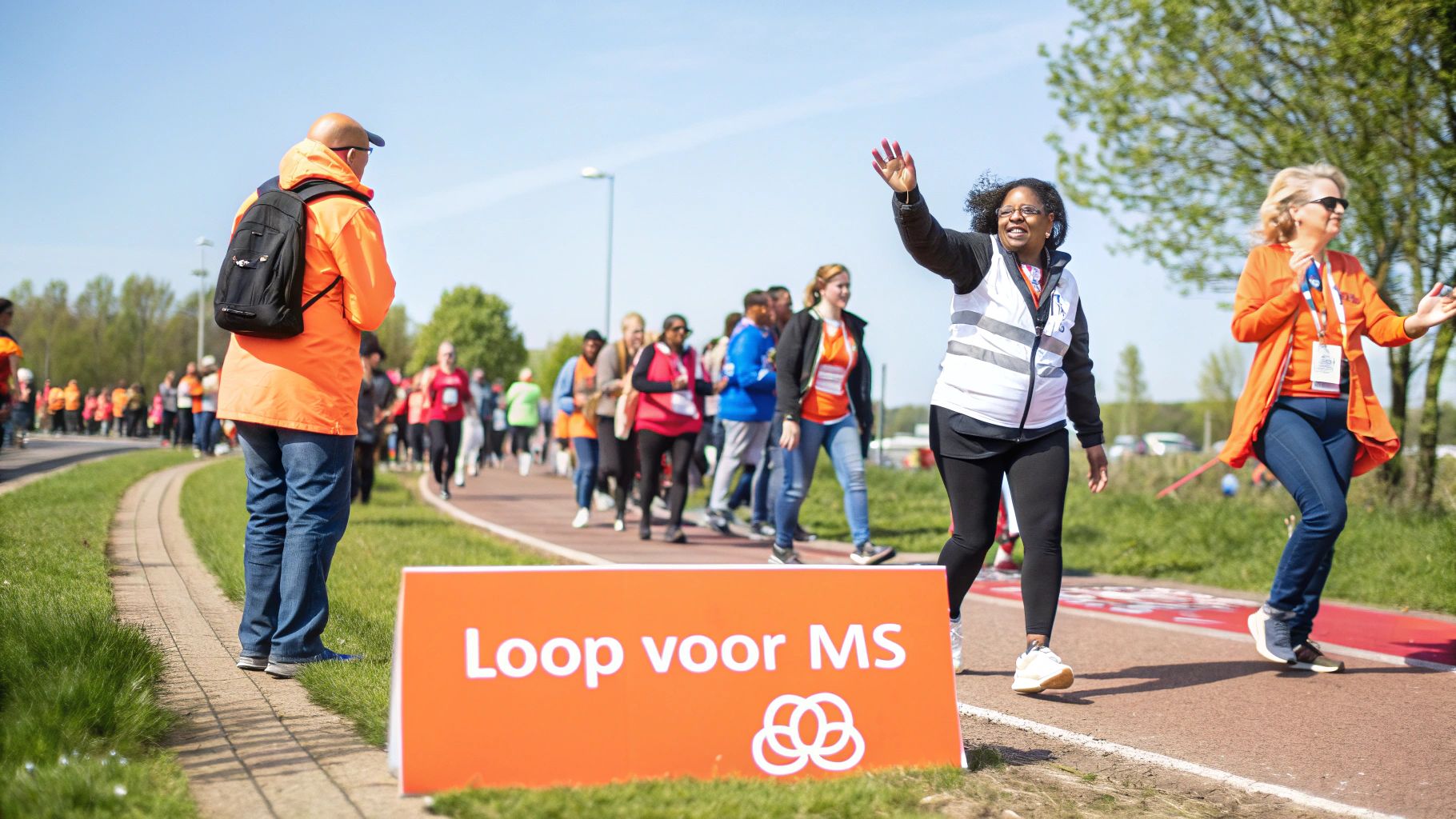 Een grote groep mensen die deelneemt aan een Walk MS-evenement in een park.