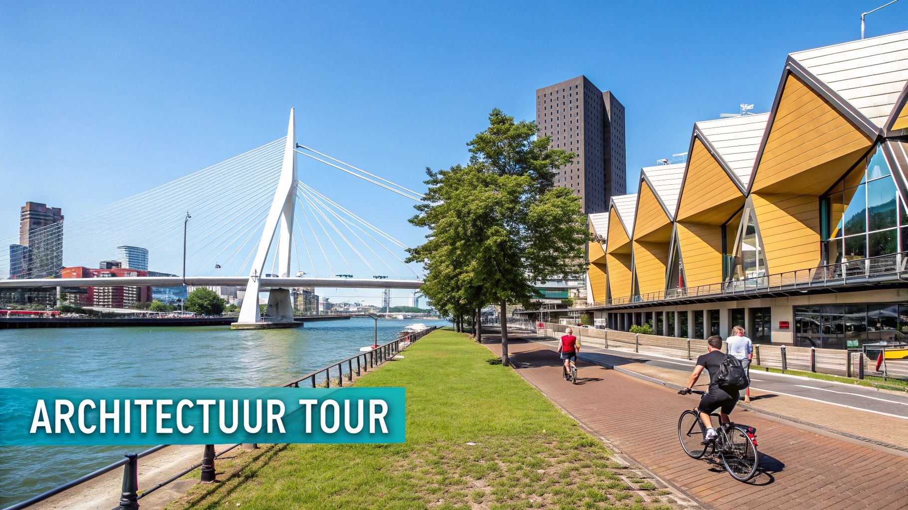 Fietsers bij de iconische Kubuswoningen in Rotterdam