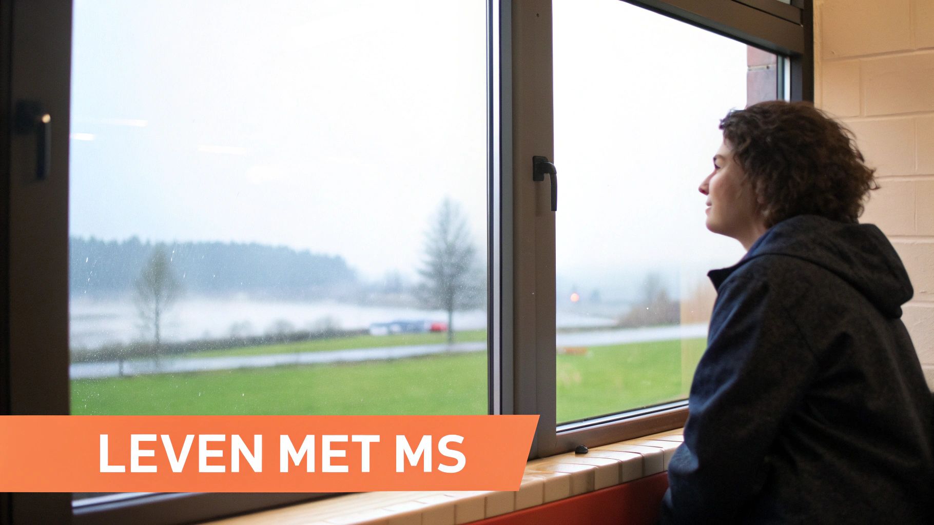 Iemand zit op een stoel en kijkt peinzend uit het raam