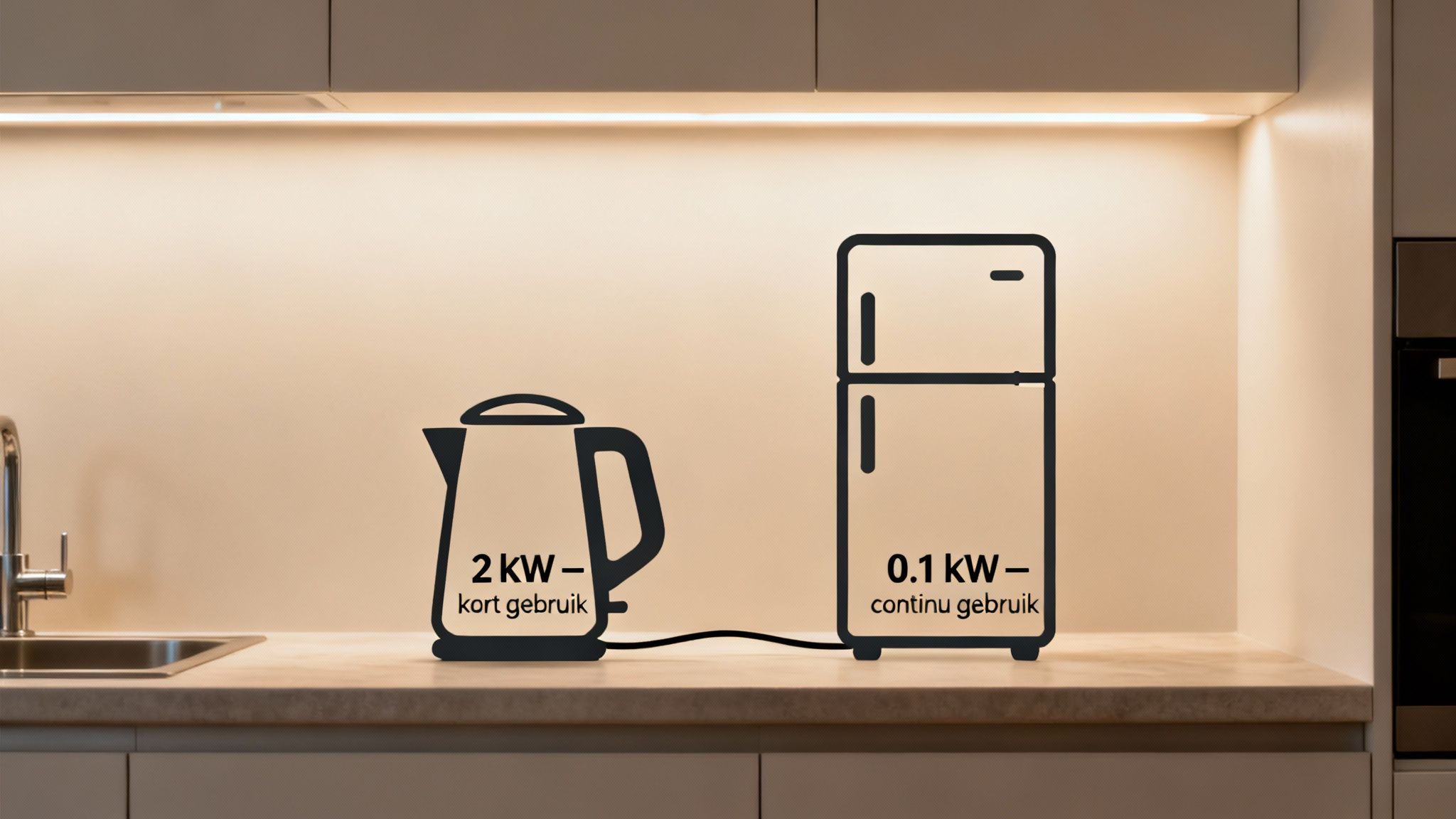 Een moderne keuken waar apparaten met verschillend vermogen worden gebruikt.