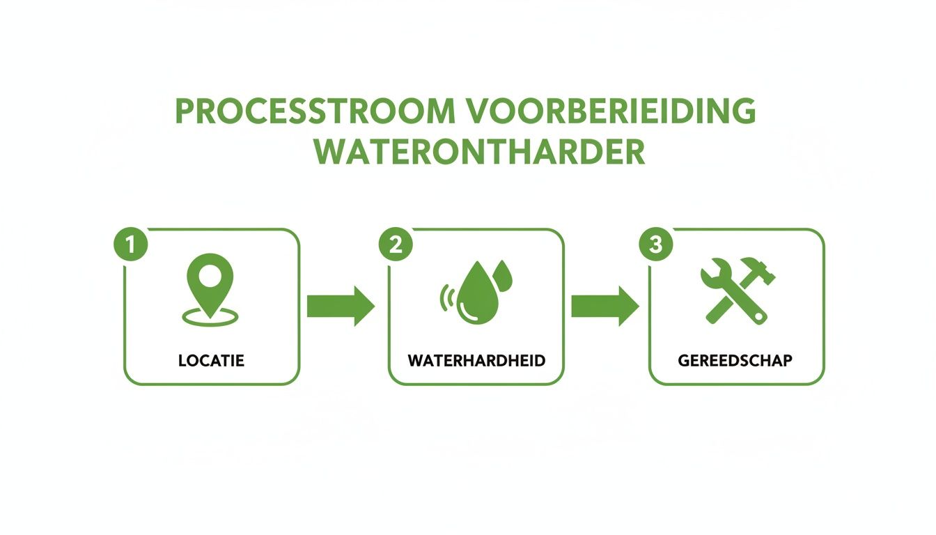 Visualisatie van de voorbereidingsstroom voor een waterontharder, inclusief locatie, waterhardheid en benodigde gereedschappen.