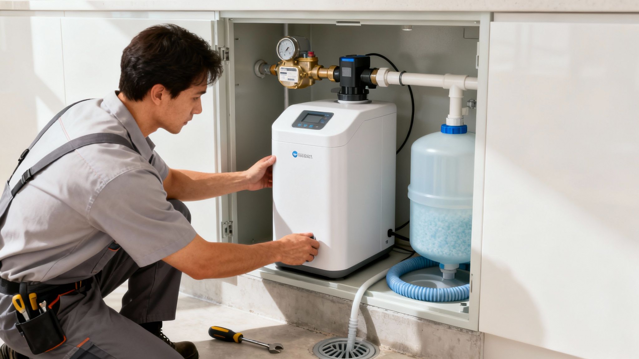 Technicus installeert of onderhoudt een witte waterontharder in een kast, met pijpen en een blauw reservoir.