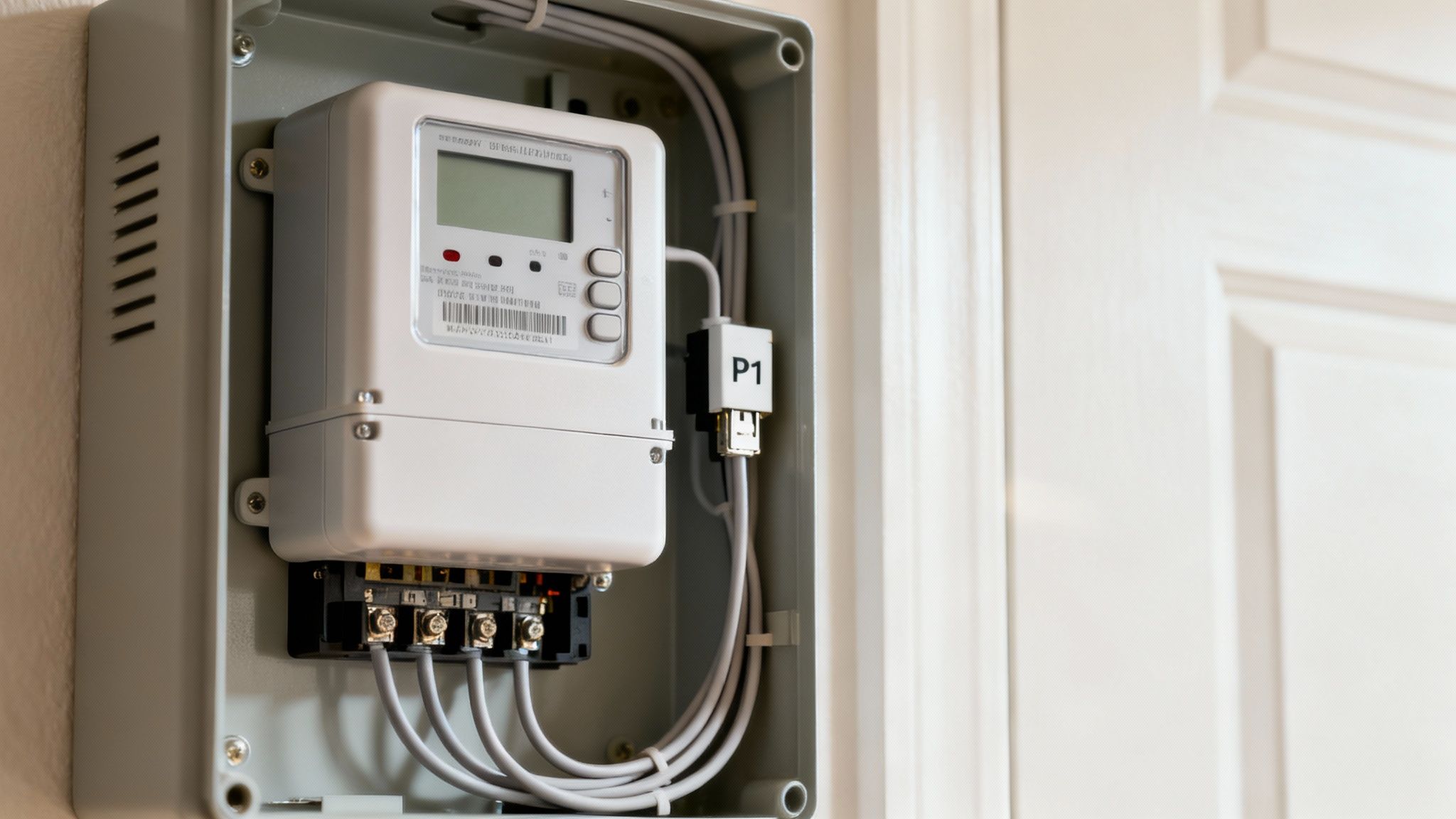 Een moderne meterkast met een slimme meter en een load balancing module, netjes geïnstalleerd.