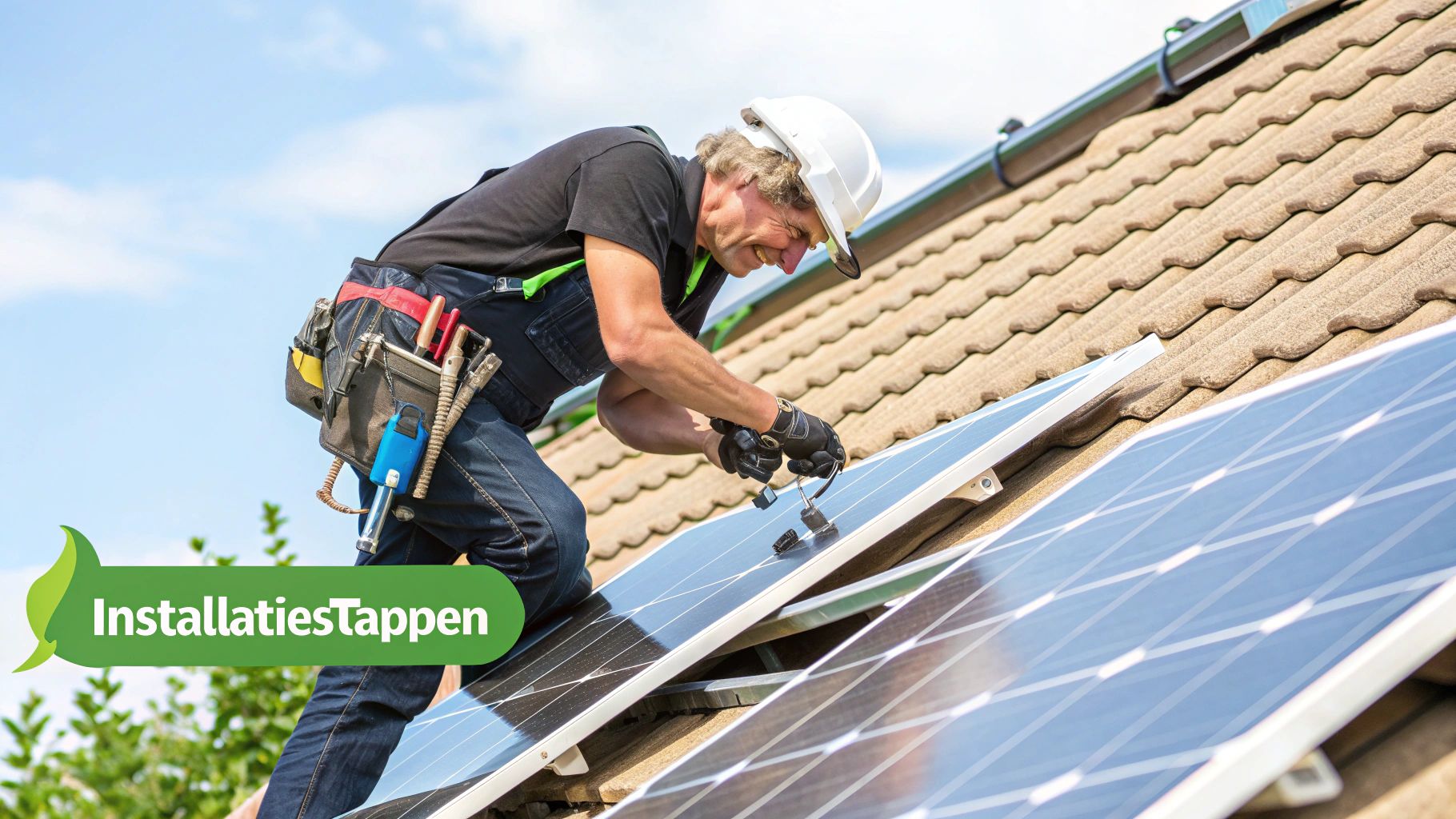 Een installateur die zonnepanelen op een dak plaatst