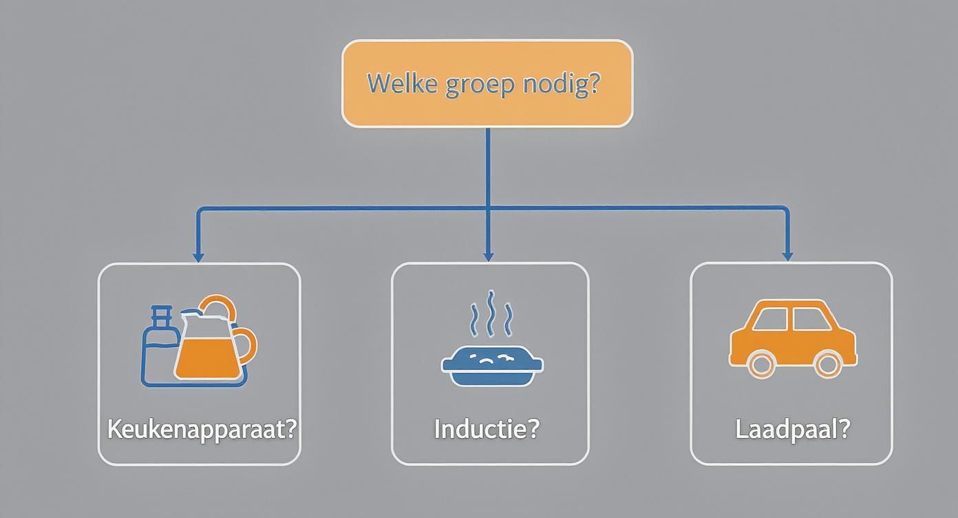 Infographic die via een beslisboom helpt bepalen welk type groep nodig is voor keukenapparatuur, inductie of een laadpaal.