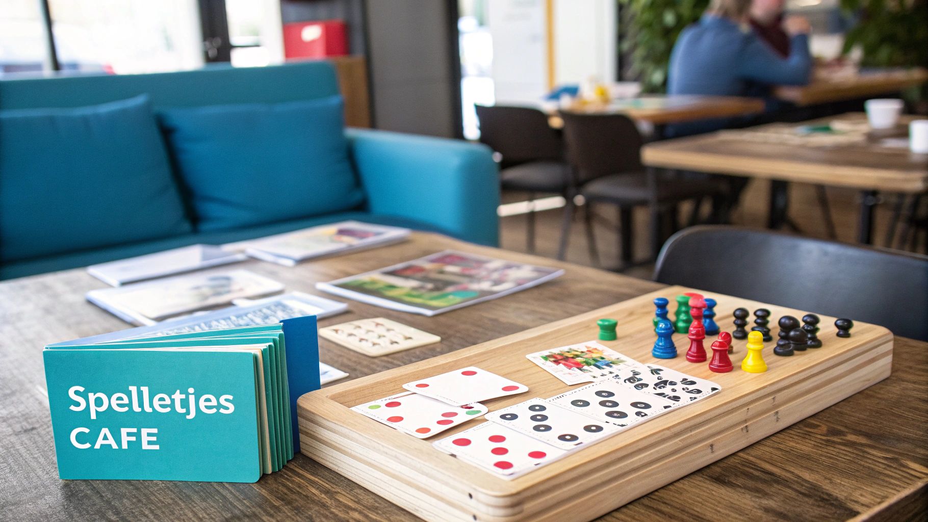 Een groep vrienden speelt een bordspel in een gezellig game café