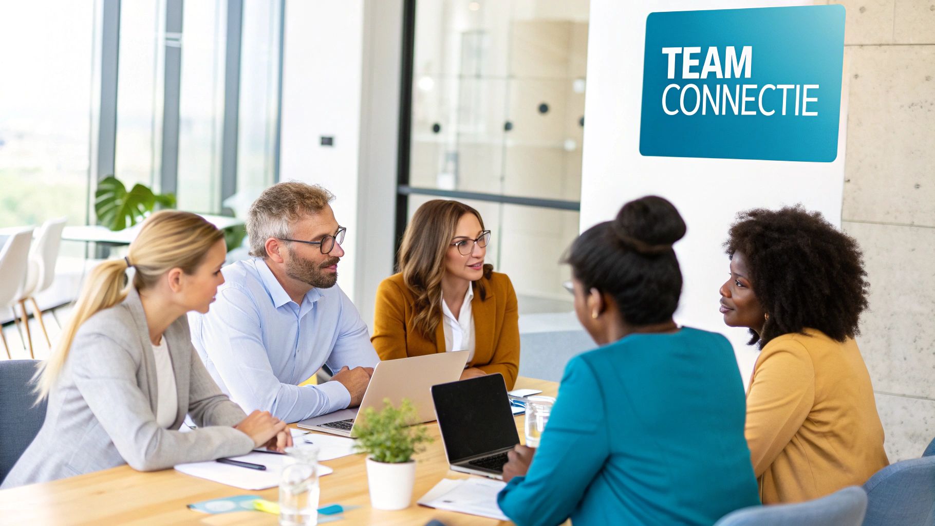 Een team dat samenwerkt aan een puzzel in een kantooromgeving