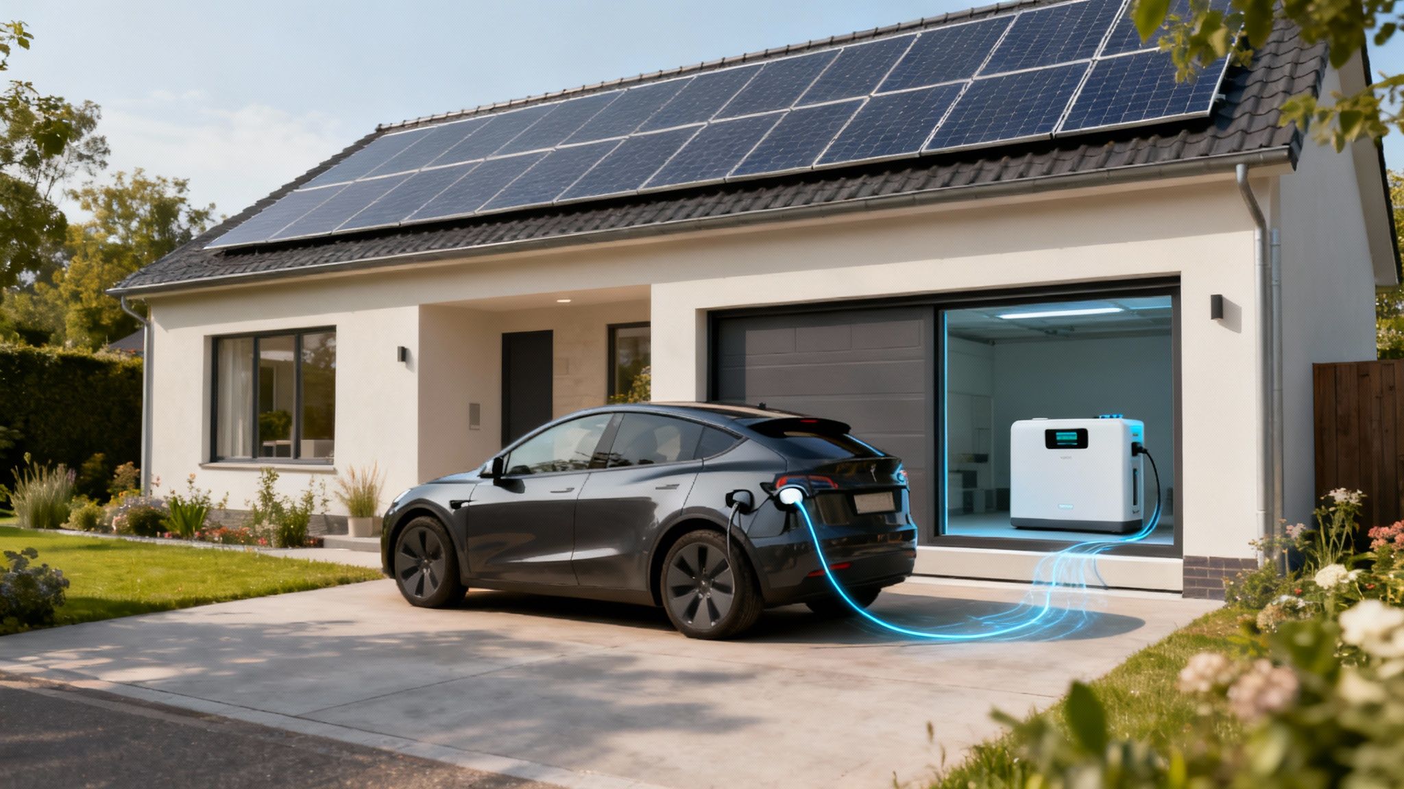 Laadpaal die een auto oplaadt, met op de achtergrond zonnepanelen op het dak van een huis.