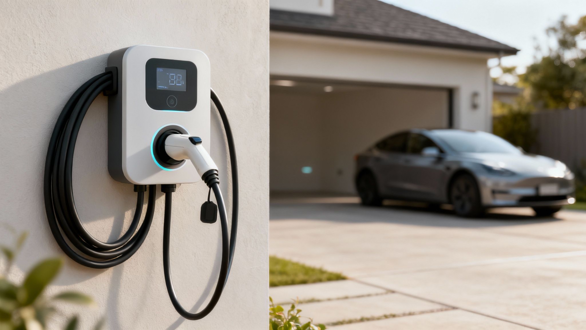 Elektrische laadpaal gemonteerd aan de muur bij een moderne woning met elektrische auto op de oprit