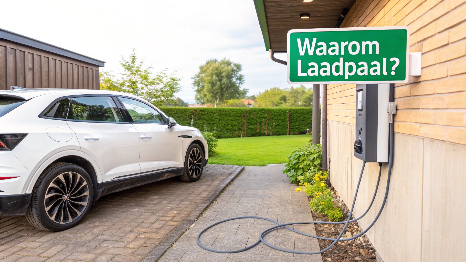 Moderne laadpaal geïnstalleerd bij een huis, met een elektrische auto aangesloten en de zon die schijnt op zonnepanelen op het dak.