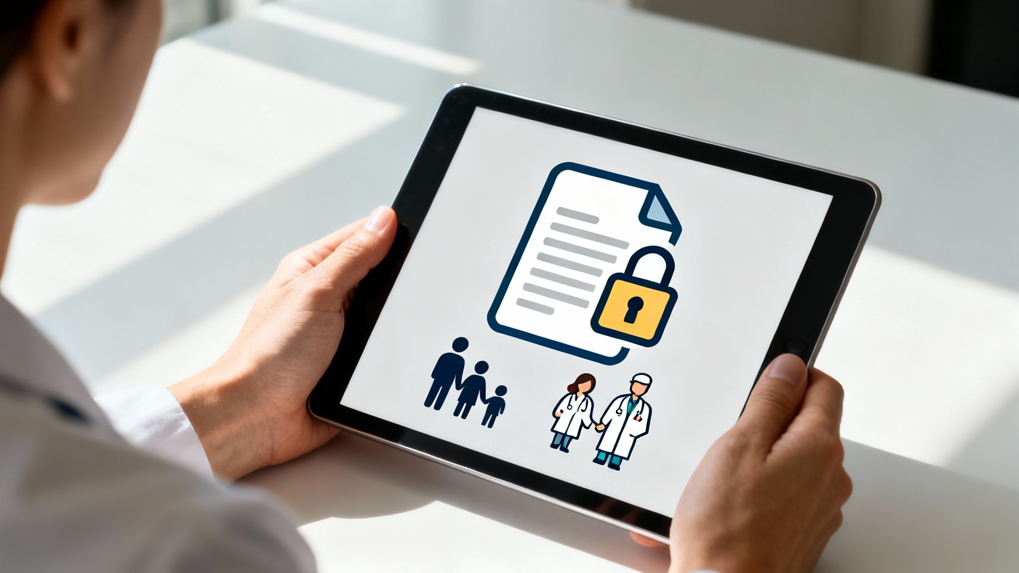Een persoon houdt een tablet vast met iconen van een beveiligd document, een gezin en artsen.