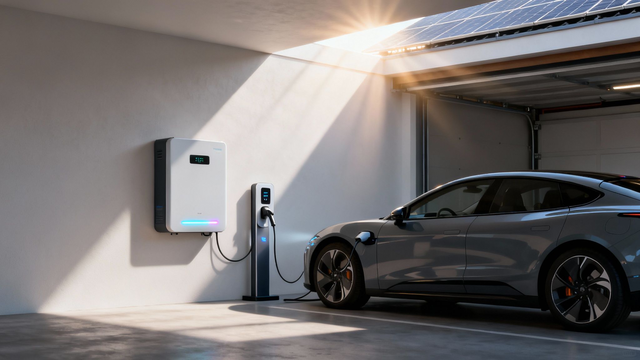 Een elektrische auto wordt opgeladen in een garage met zonnepanelen en een thuisbatterij.
