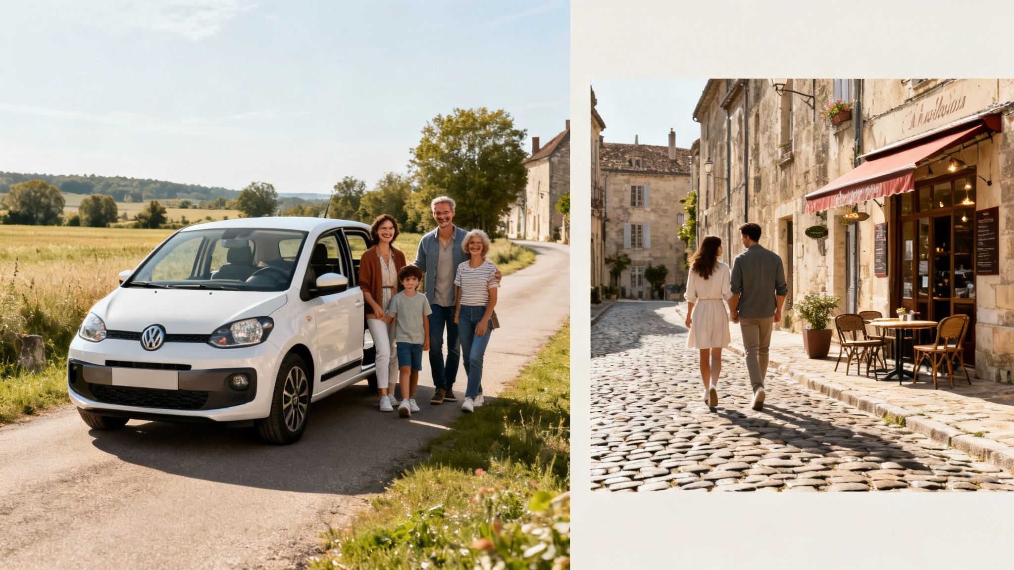 Familie met auto op landweg en stel wandelend door historische stad.