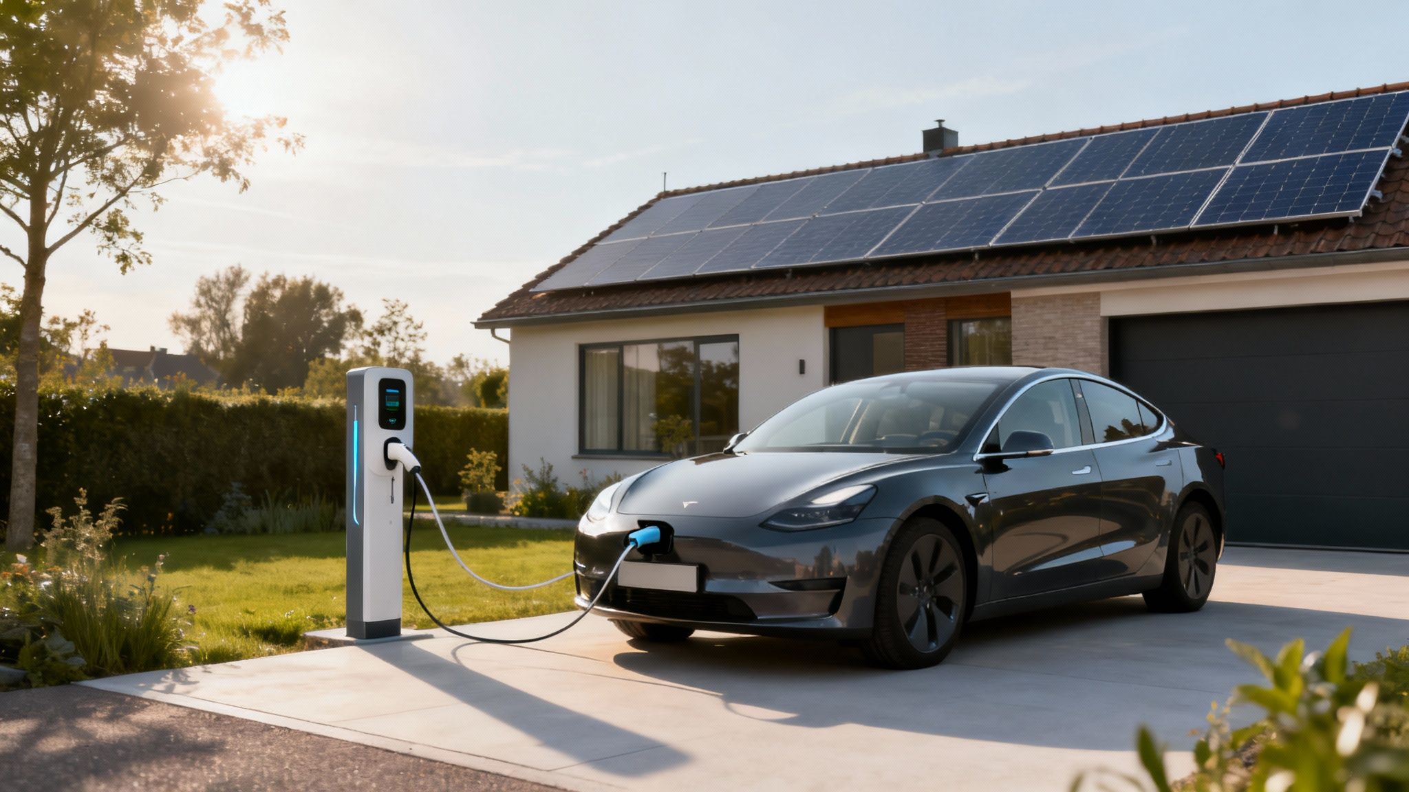 Elektrische auto opladen met laadpaal bij moderne woning met zonnepanelen op dak