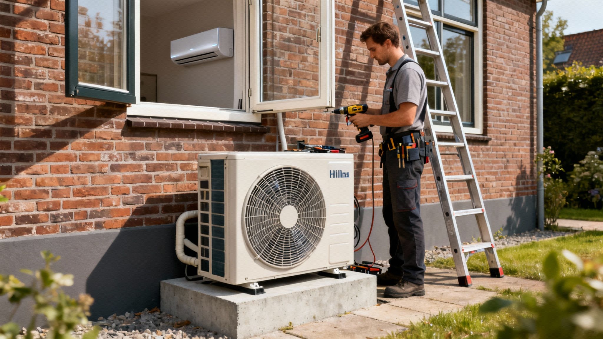 Een vakman installeert een Hillna airconditioning buitenunit aan de gevel van een bakstenen huis.