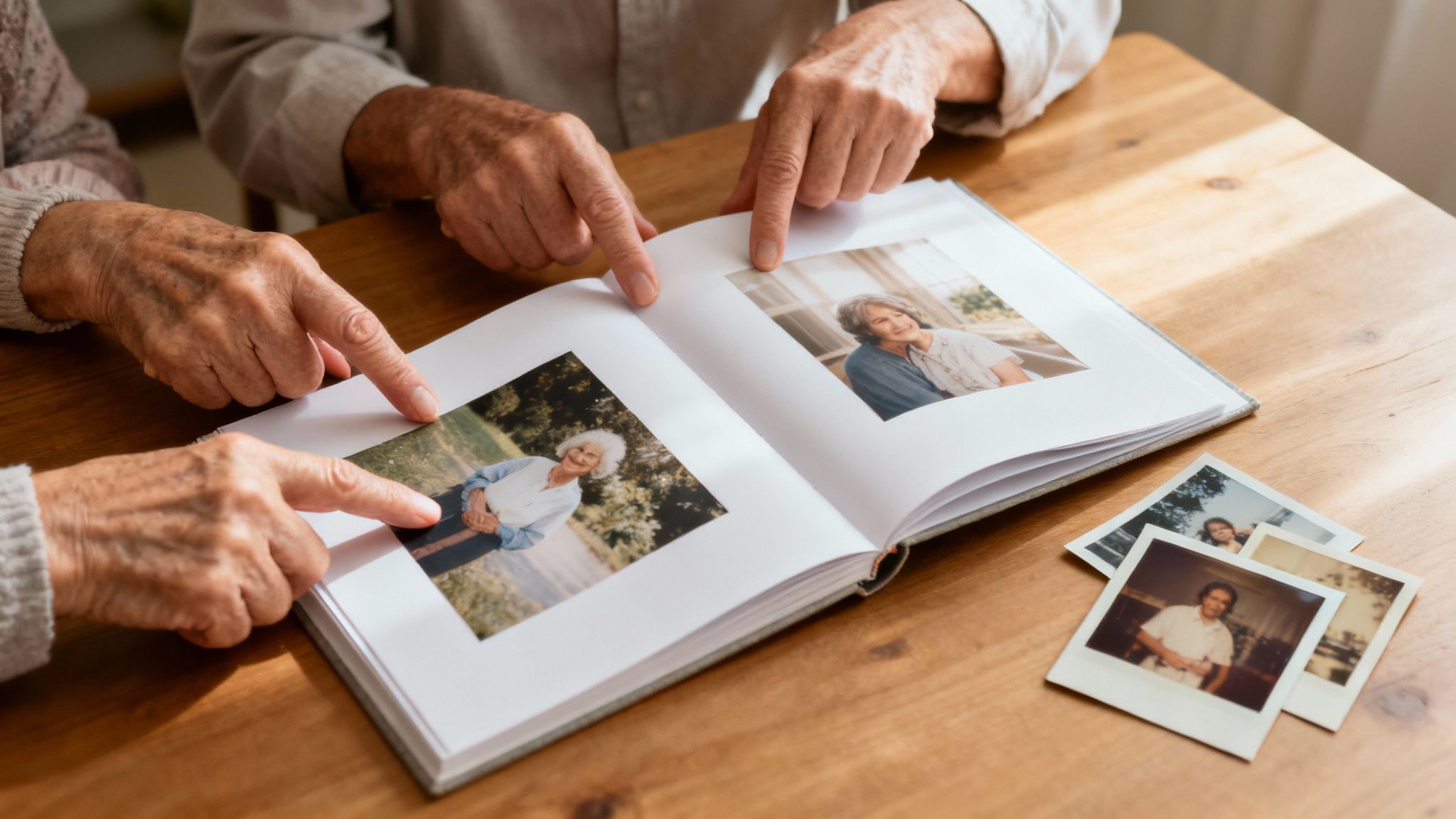 Een familie die lacht om oude foto's