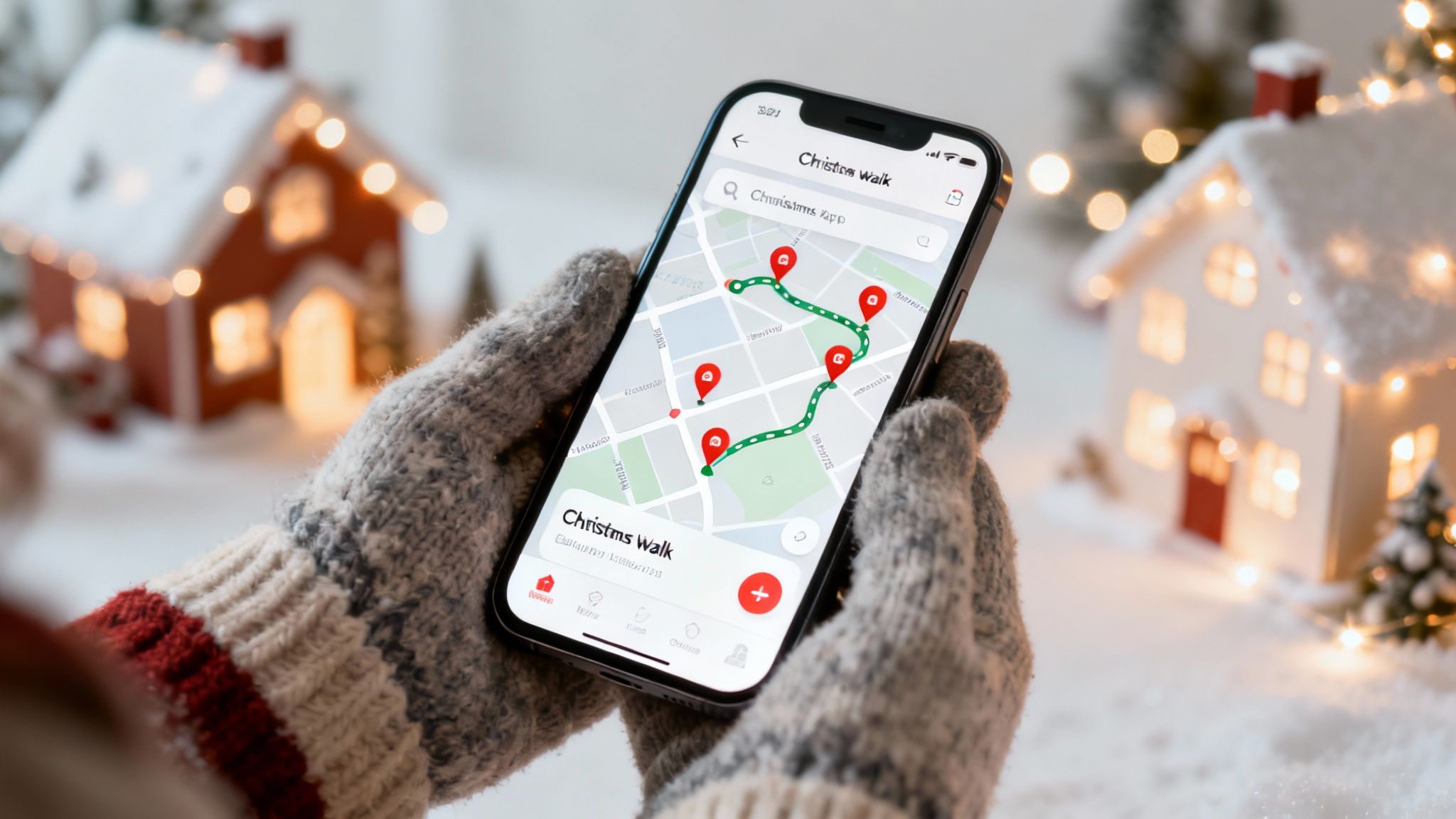 Een gezin loopt vrolijk door een sfeervol verlichte straat tijdens hun kerstwandeling.