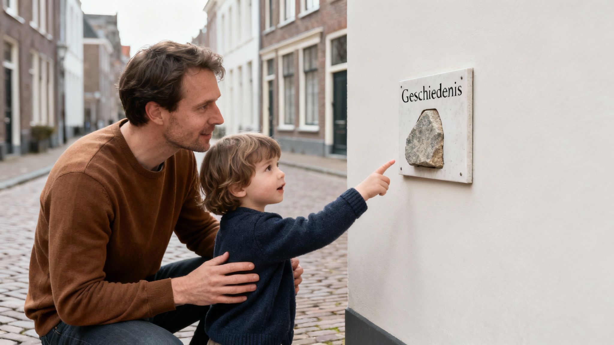 Vader en kind kijken en wijzen naar een plaquette met een steen en 'Geschiedenis' erop.