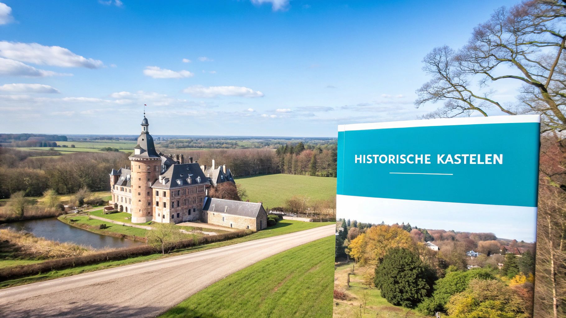 Een luchtfoto van een historisch kasteel omgeven door een gracht en groene bomen