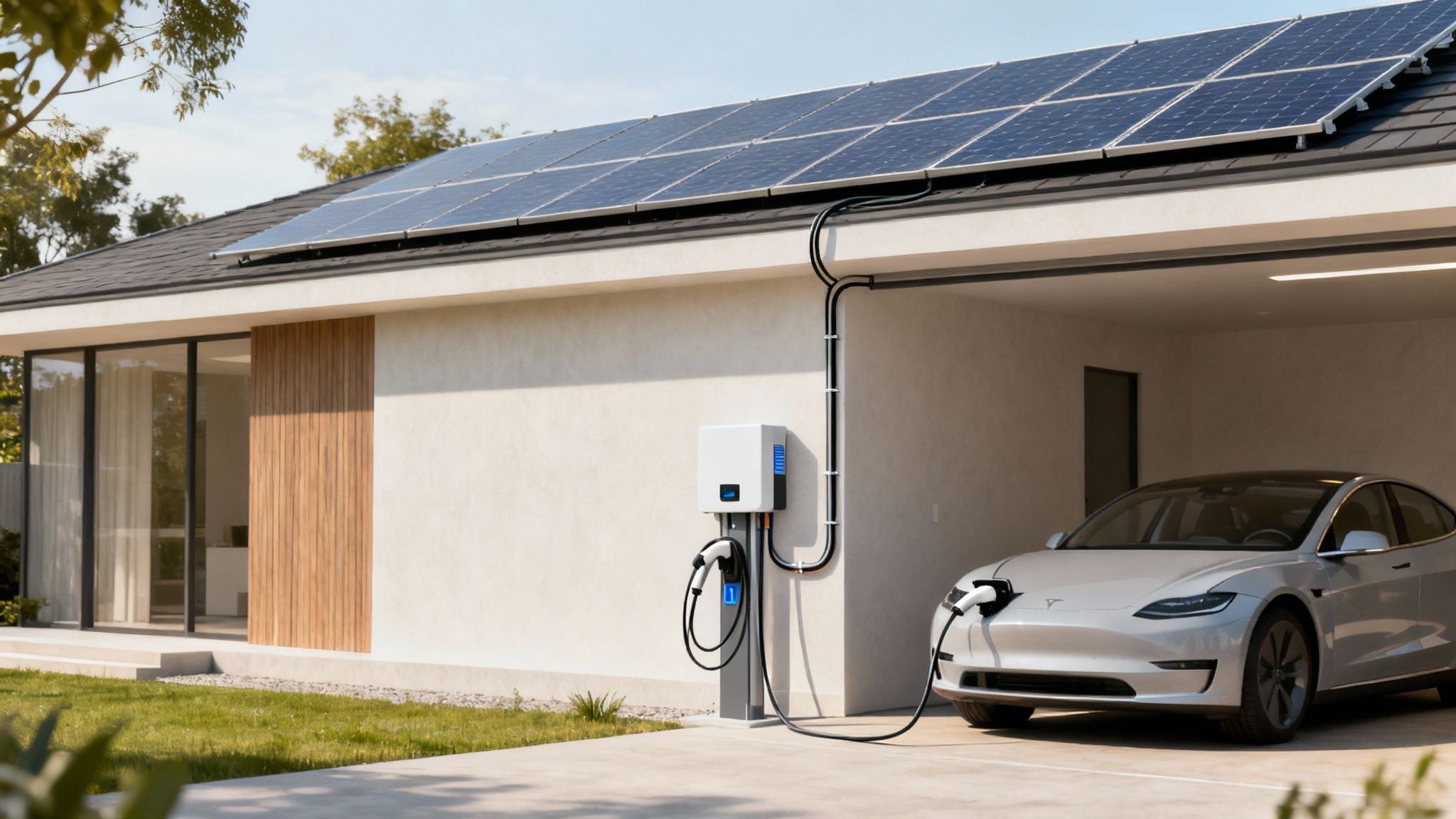 Moderne woning met zonnepanelen en elektrische auto bij 3 fase laadpaal in garage