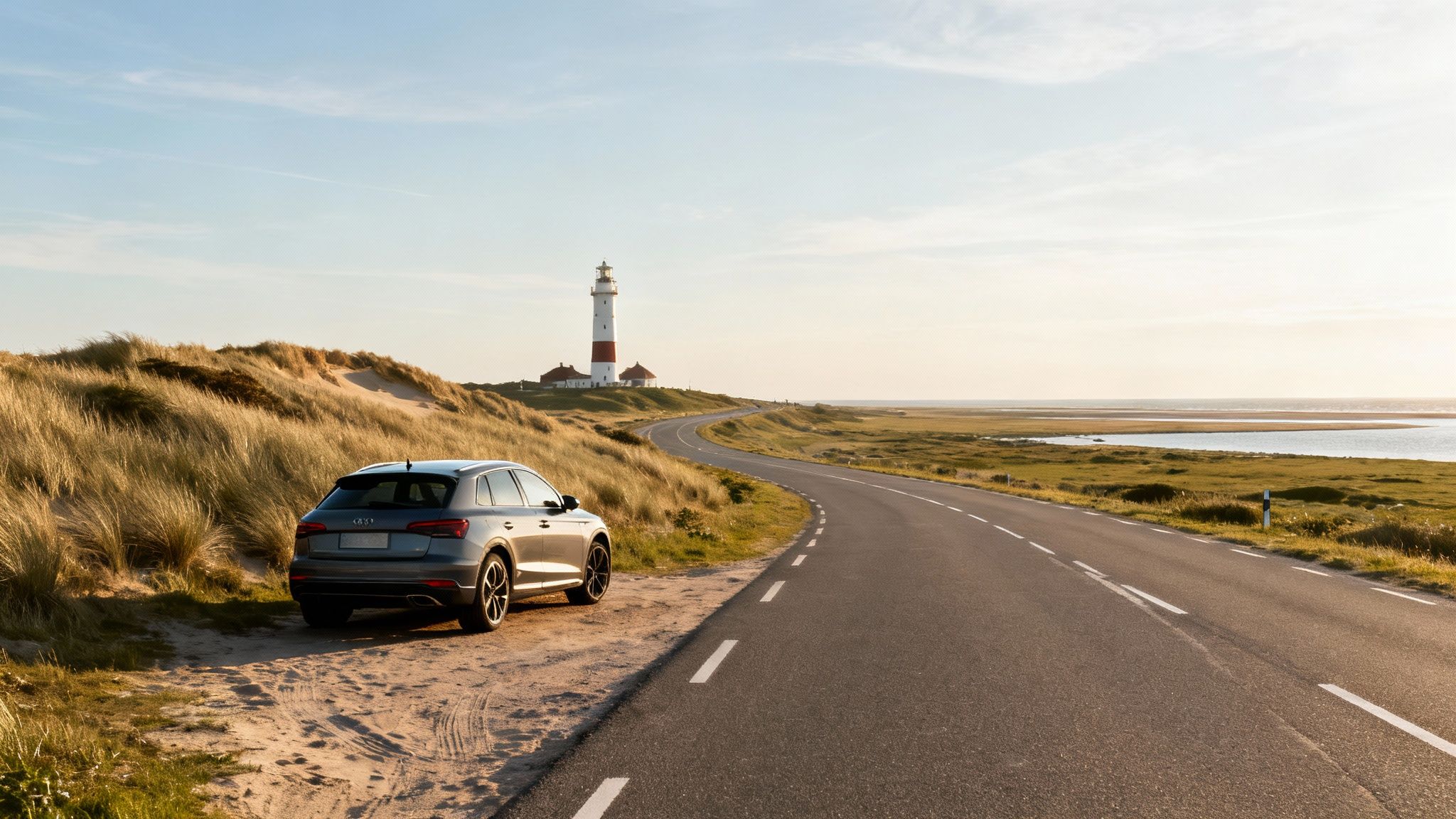 Een fietser geniet van het uitzicht over de duinen van Texel op een zonnige dag.