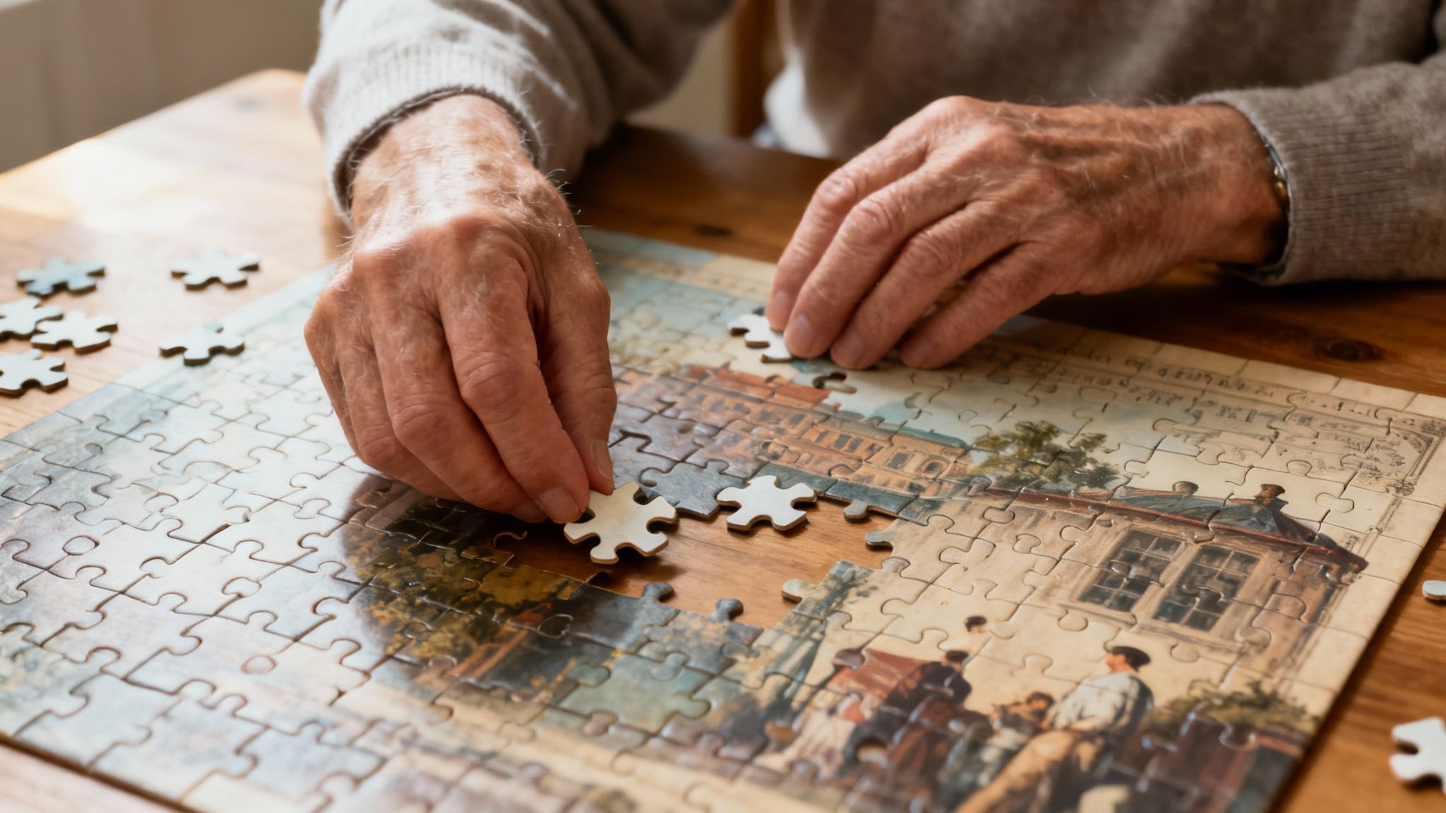 Een oudere vrouw die lachend een legpuzzel maakt