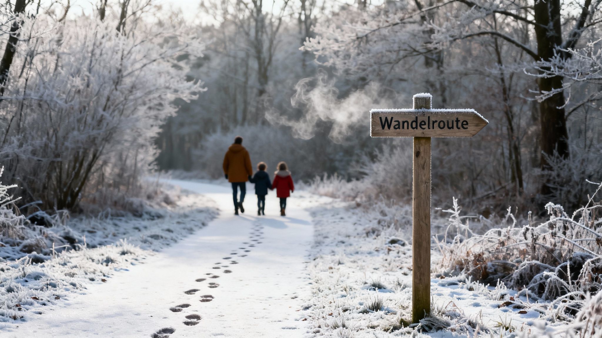 Familie wandelt op een besneeuwd bospad in de winter, met een routebord "Wandelroute".