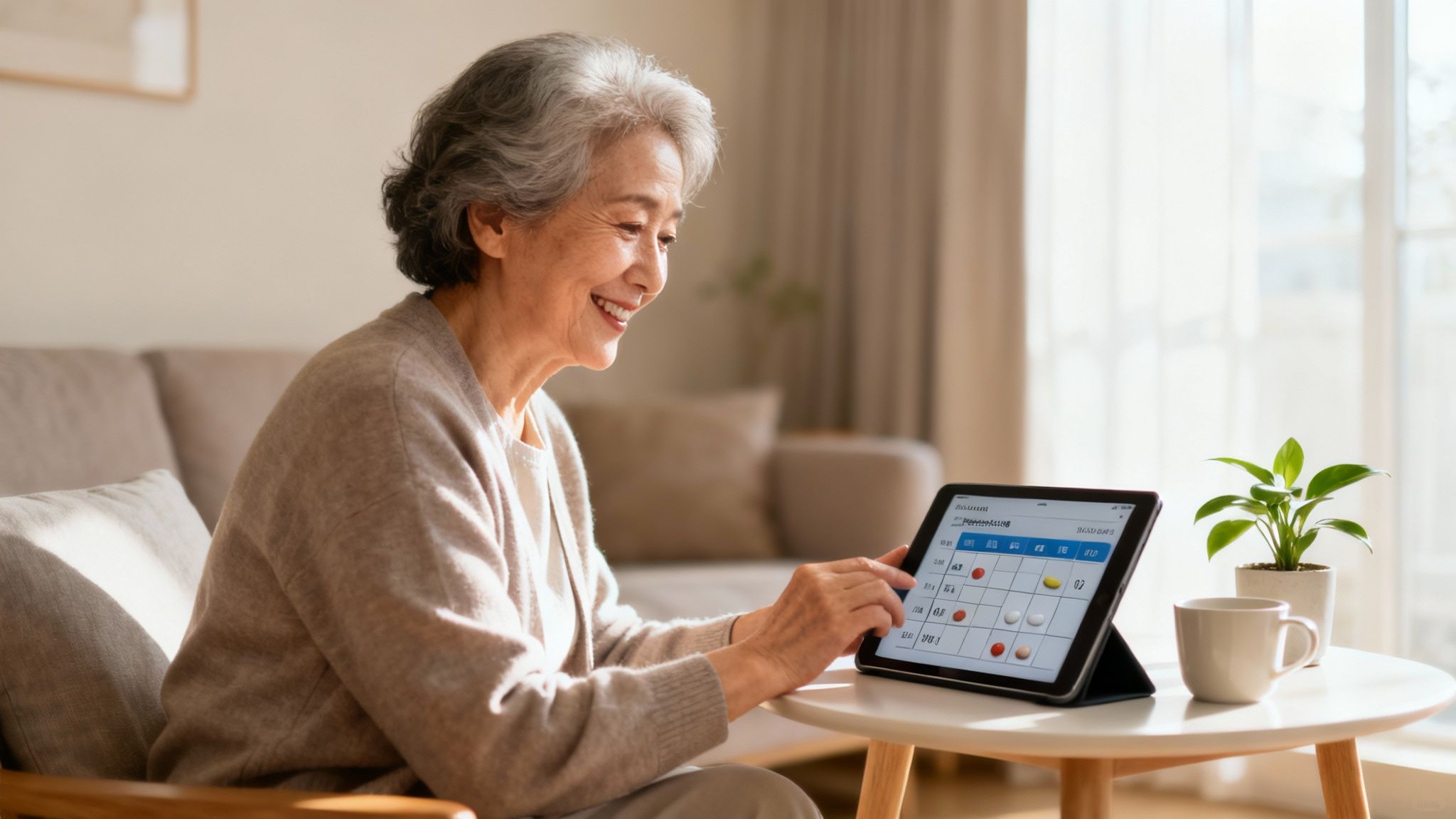 Een oudere dame gebruikt een tablet om haar zorgzaken te regelen
