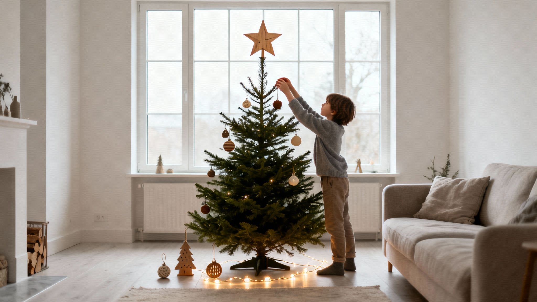 Jongen versiert een kerstboom met lichtjes en ornamenten in een lichte woonkamer met grote ramen.