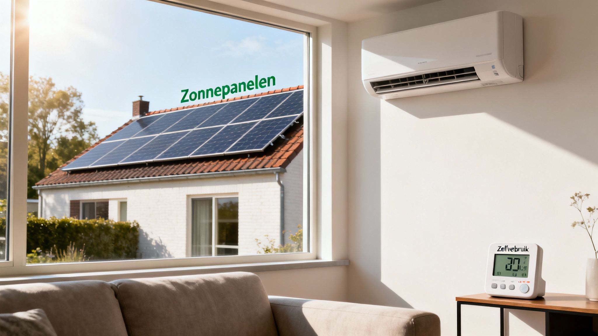 Interieur met uitzicht op huis met zonnepanelen op het dak. Binnen hangt een airco en staat een slimme meter.