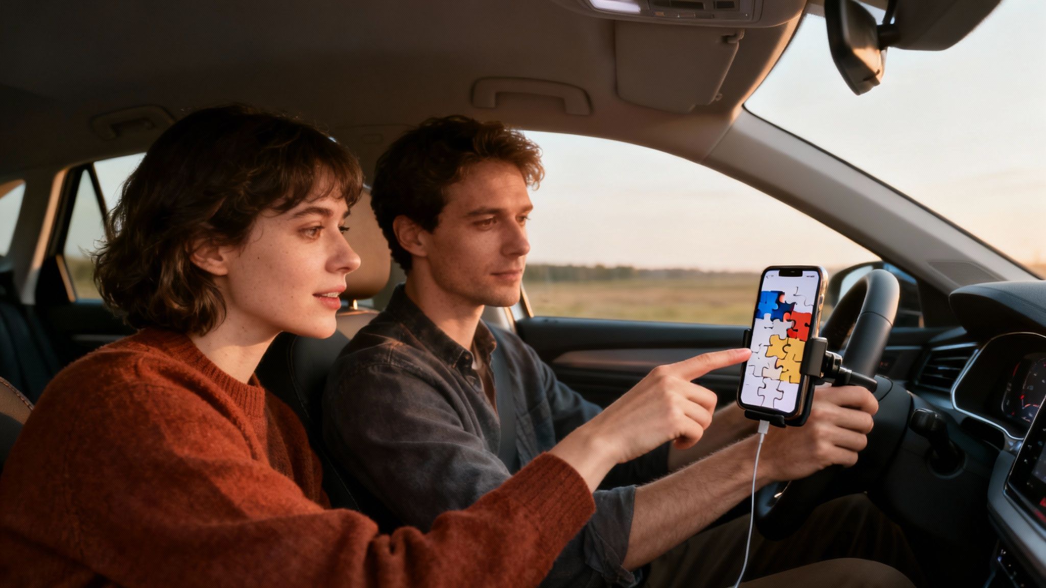 Stel in auto wijst naar smartphone met puzzel op houder tijdens autopuzzeltocht