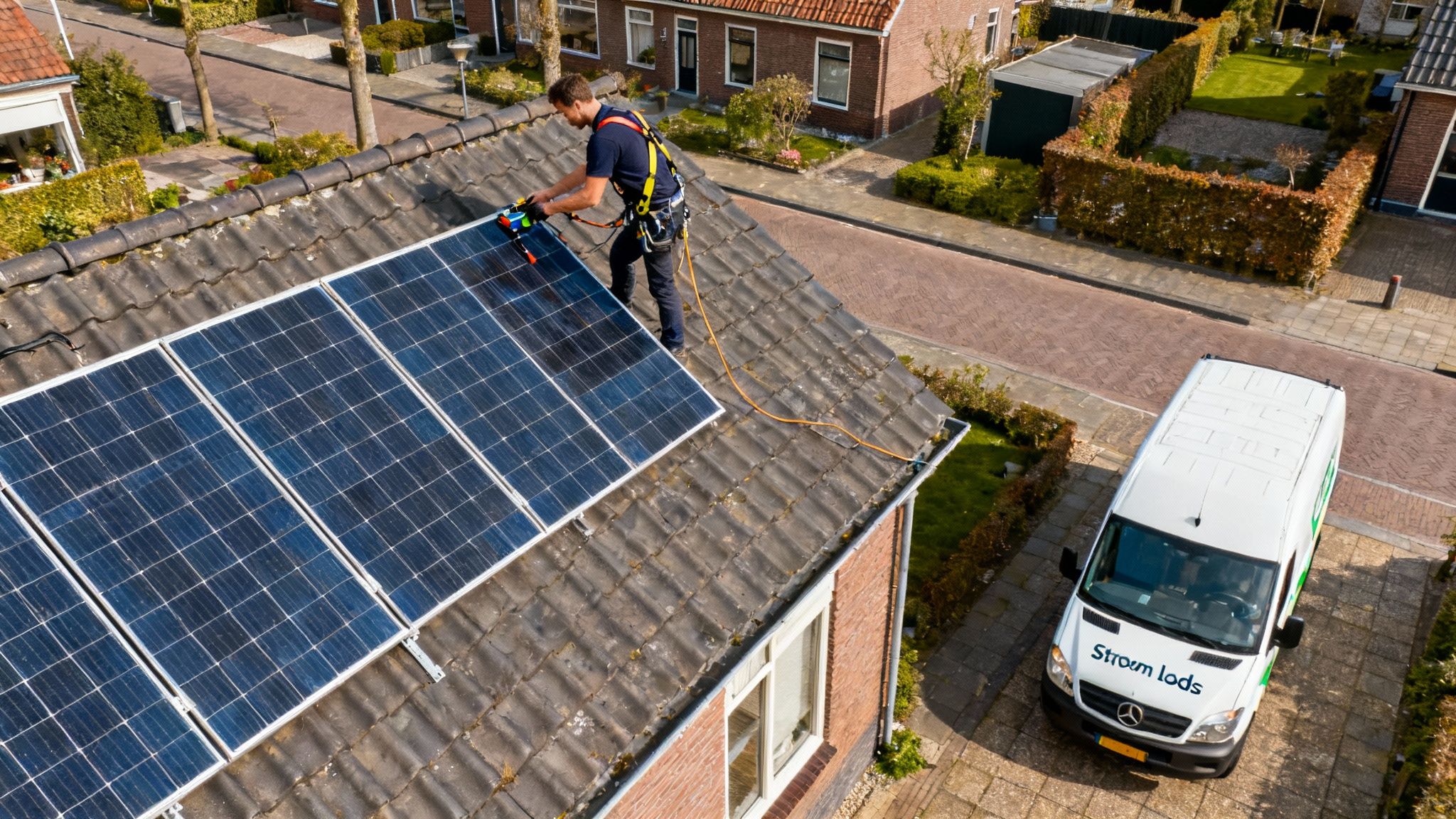 Het team van Stroom Loods staat voor een bedrijfsbus met zonnepanelen in Hilversum.