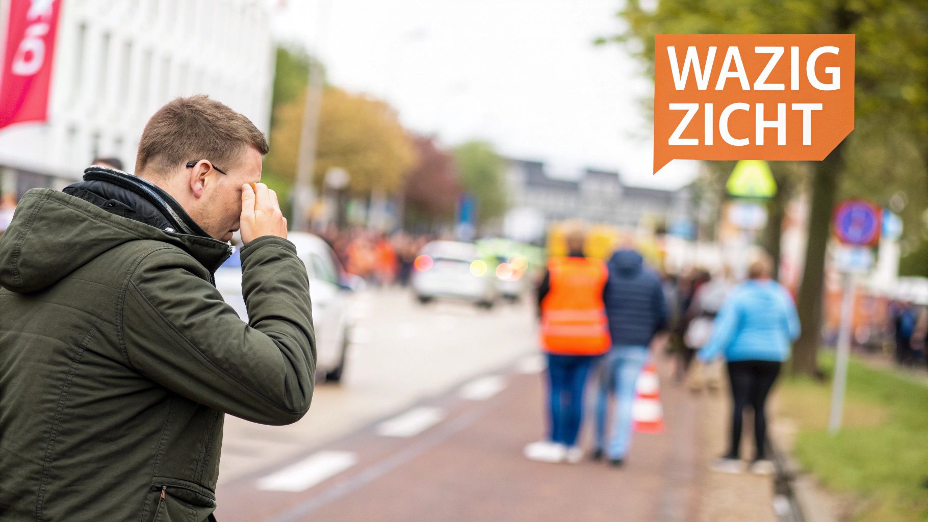 Iemand met een wandelstok die moeite heeft met lopen.
