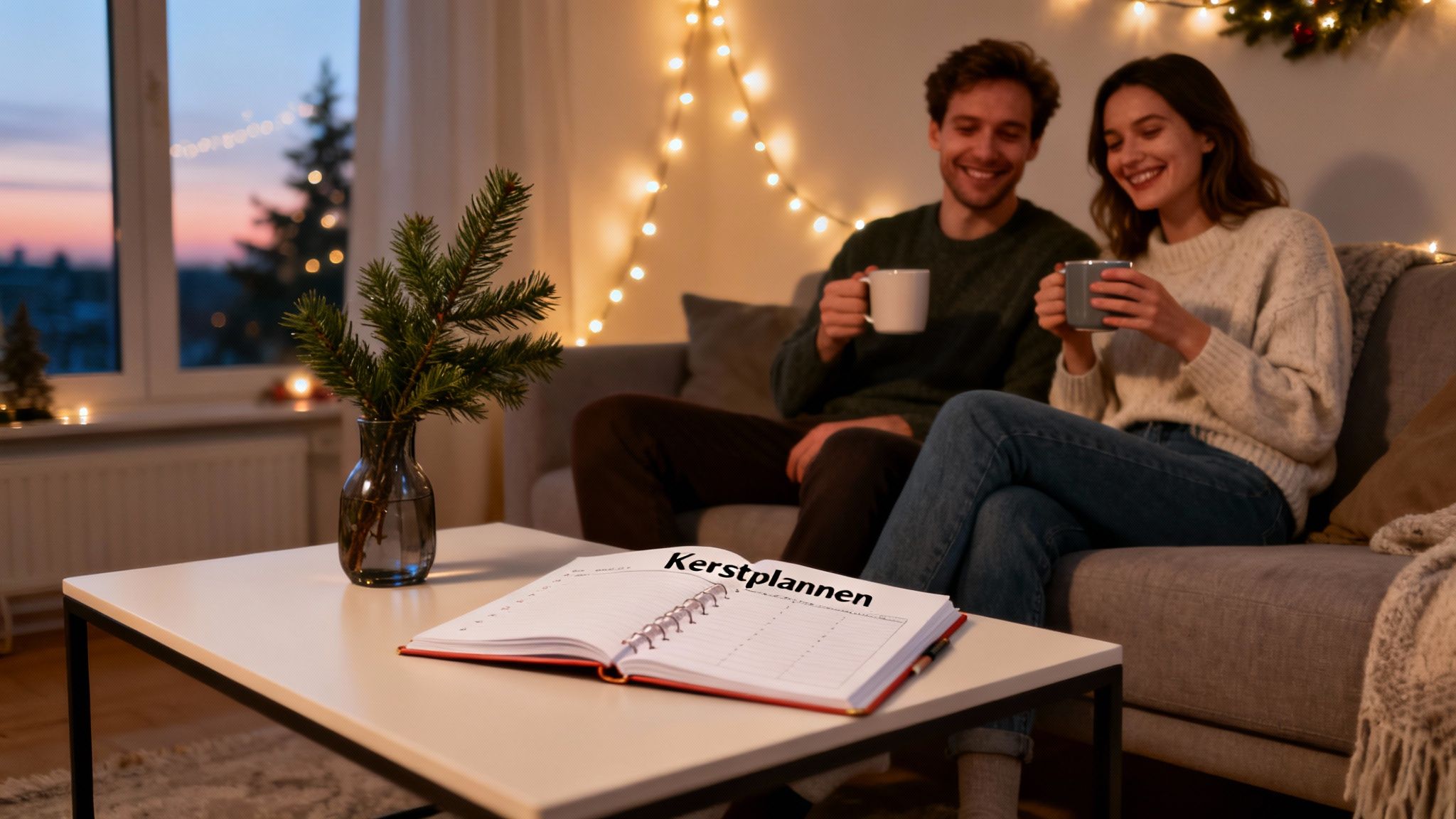 Gelukkig stel zit op de bank in een gezellige kamer met kerstverlichting en kerstplannen op tafel.