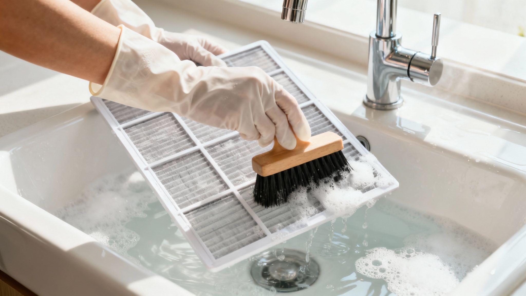 Een persoon die een airco filter schoonmaakt met een borstel.