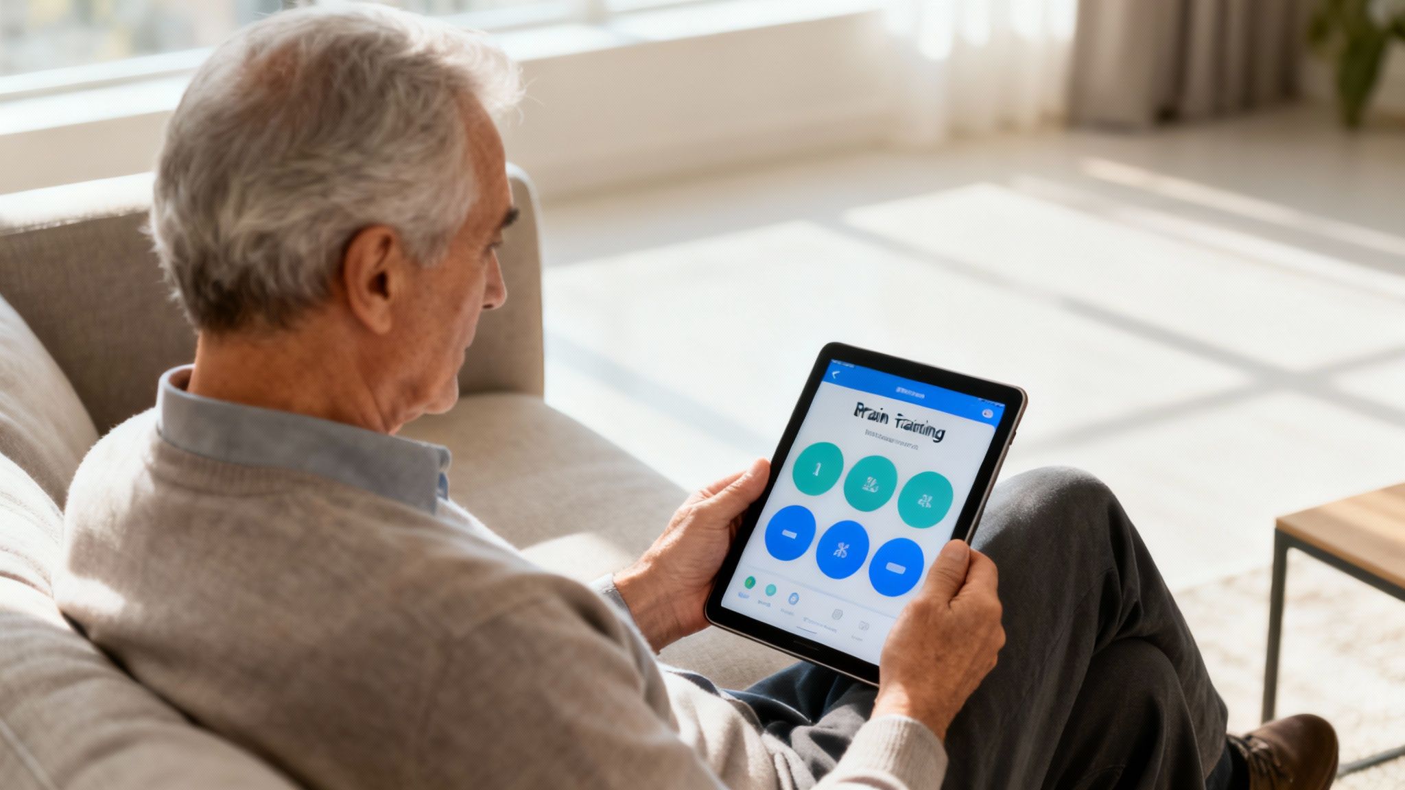 Een moderne senior gebruikt lachend een tablet voor digitale puzzels