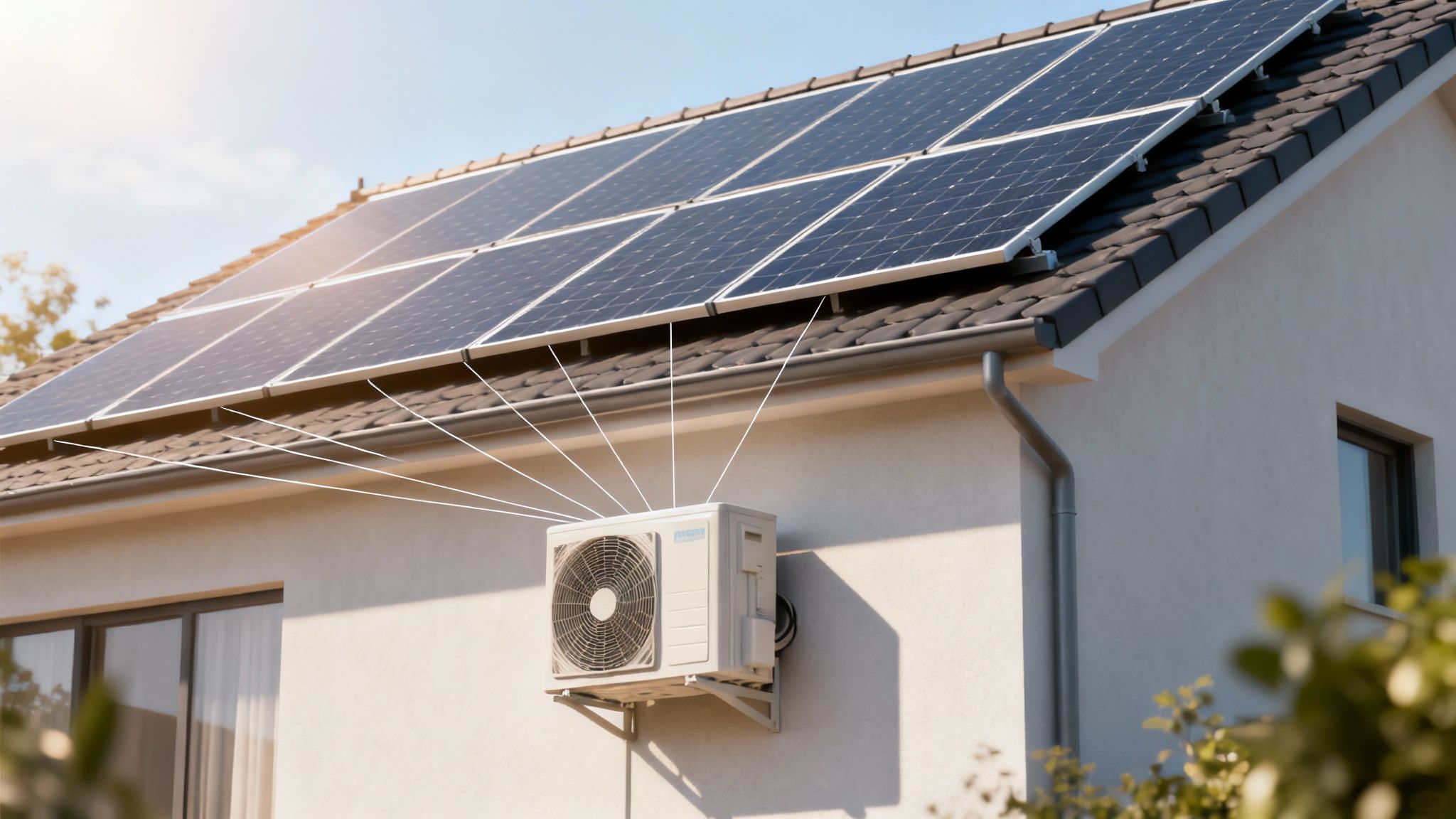 Zonnepanelen op een dak met een buitenunit van een airconditioning aan de muur van een modern huis.